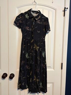 Black Floral Button-Front Midi Dress